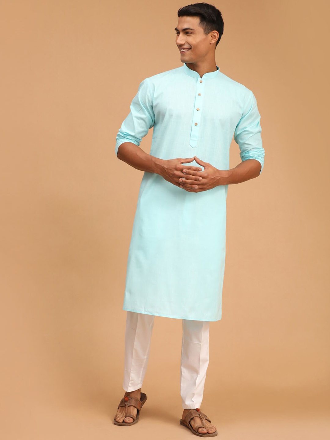 

VASTRAMAY Mandarin Collar Straight Kurta with Pyjamas, Turquoise blue