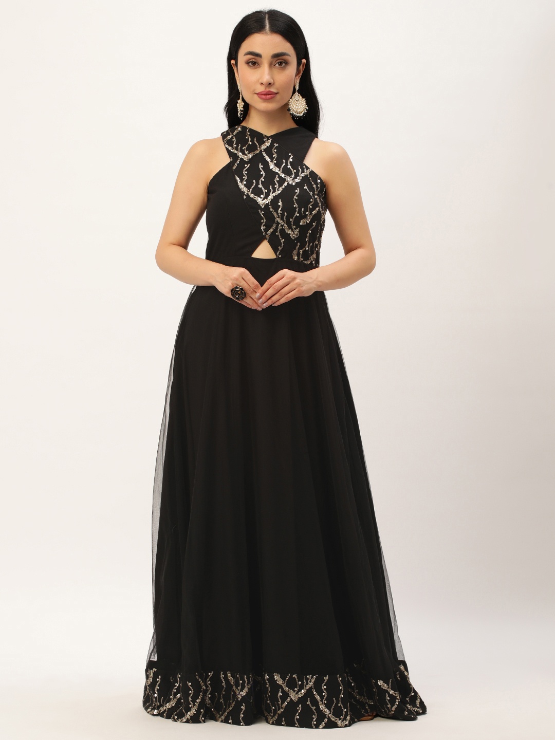 

Ethnovog Embellished Embroidered Sequinned Halter Neck Net Maxi Dress, Black