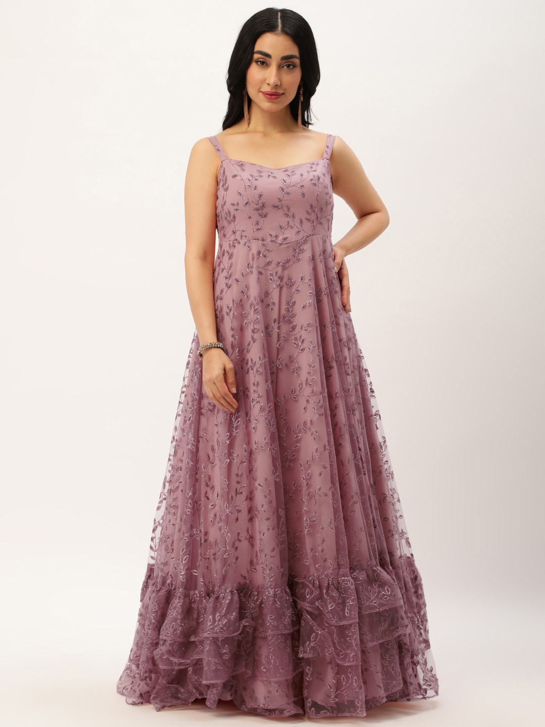 

Ethnovog Floral Embroidered Net Maxi Dress, Pink