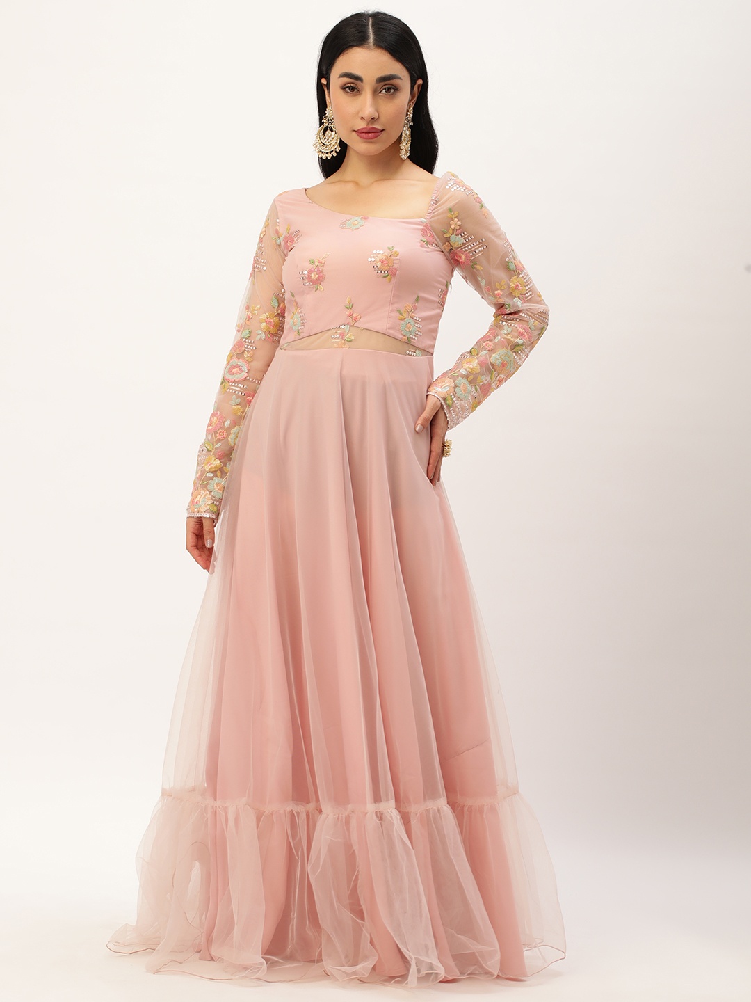 

Ethnovog Floral Embroidered Net Maxi Dress, Pink