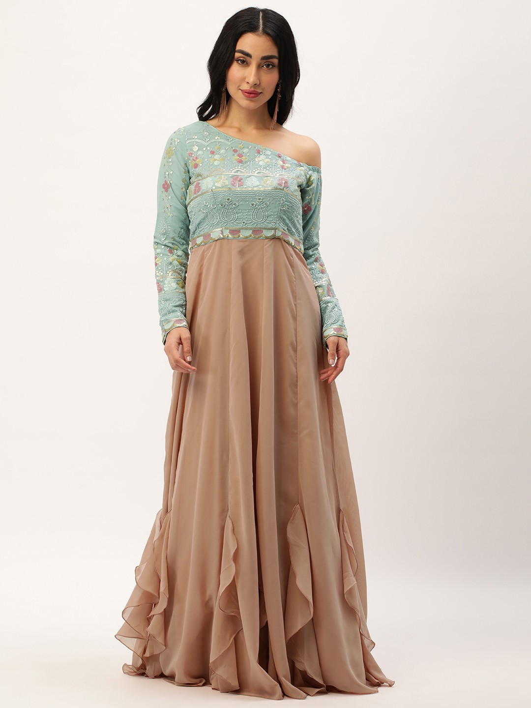 Ethnovog Floral Embroidered One Shoulder Georgette Maxi Dress, Turquoise blue