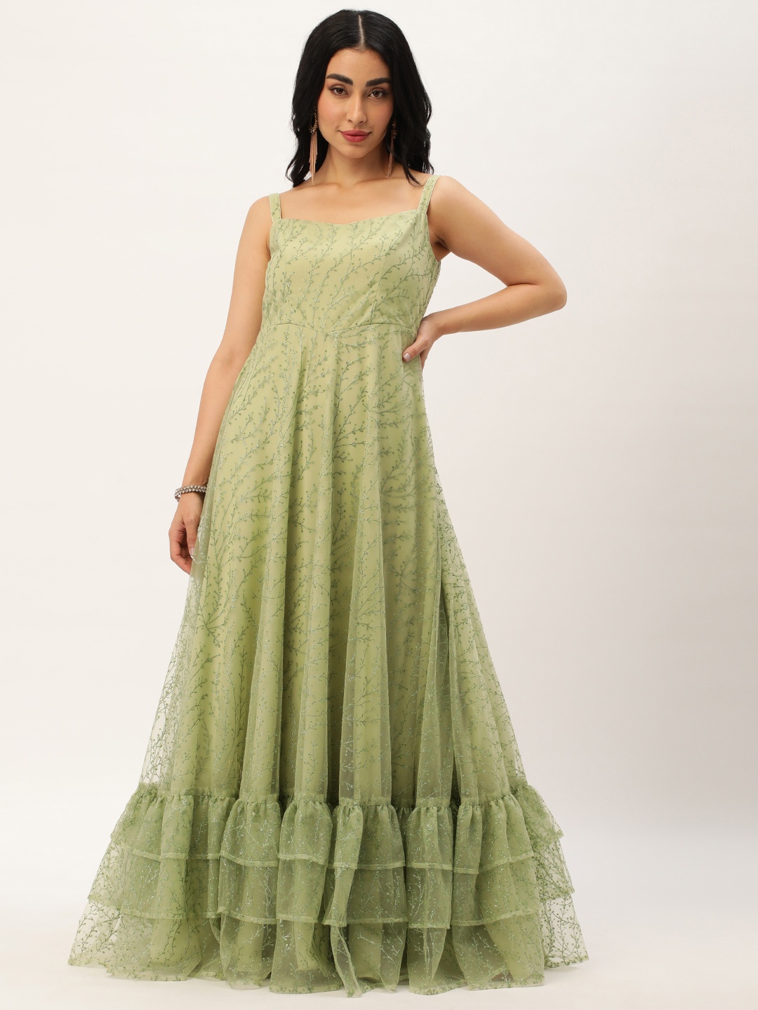 

Ethnovog Floral Sequinned Net Maxi Dress, Green