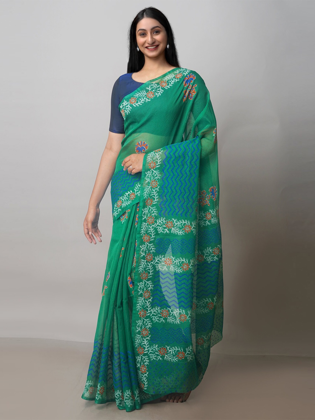 

Unnati Silks Floral Printed Banarasi Saree, Green