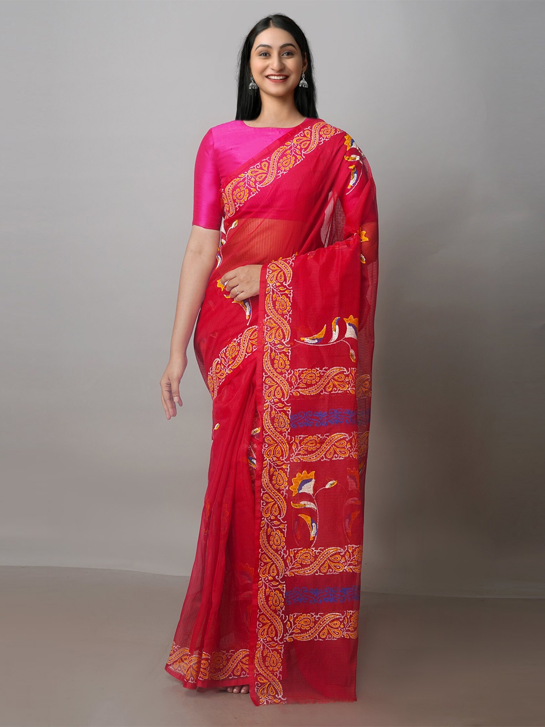 

Unnati Silks Ethnic Motifs Printed Banarasi Saree, Red