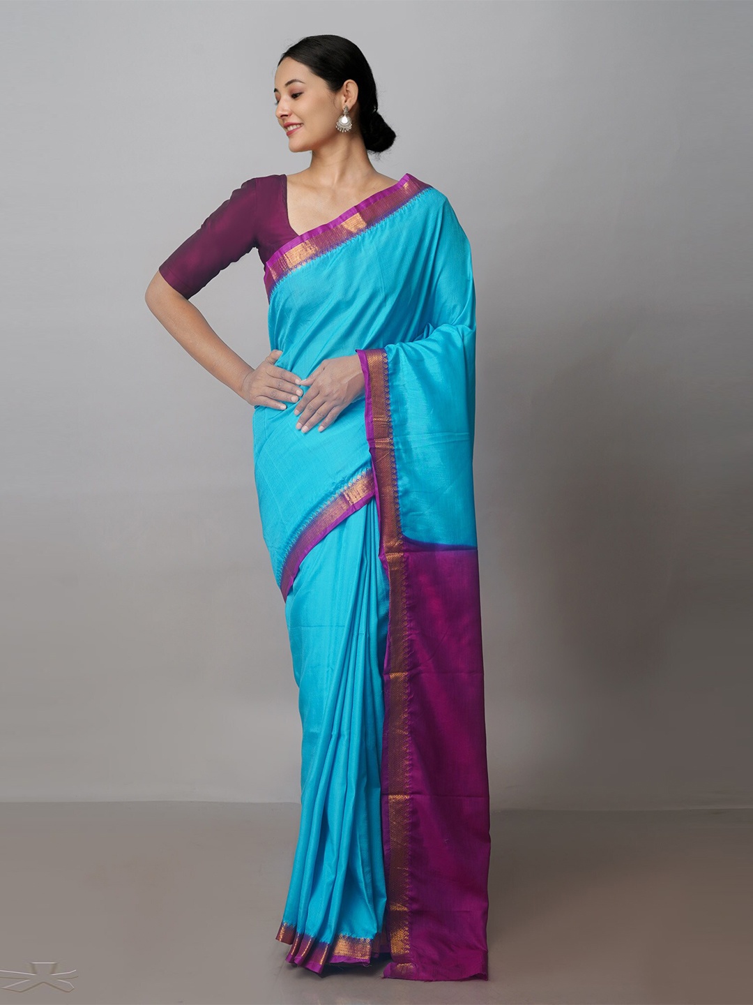 

Unnati Silks Zari Silk Blend Mangalagiri Saree, Blue