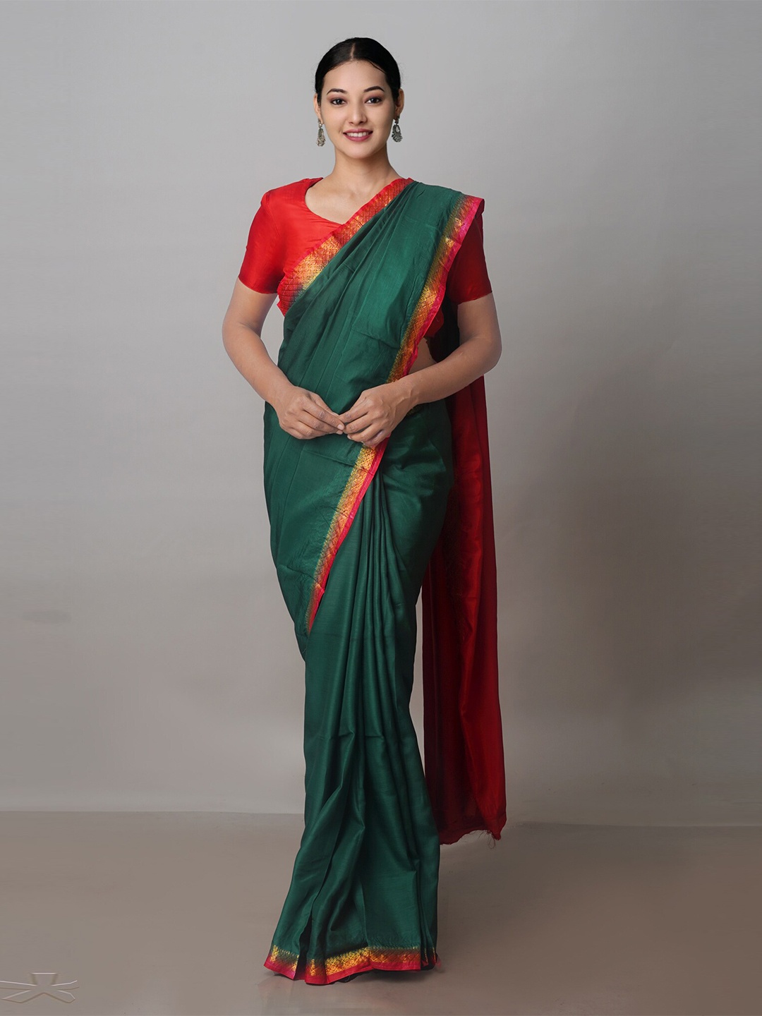 

Unnati Silks Zari Silk Blend Mangalagiri Saree, Green