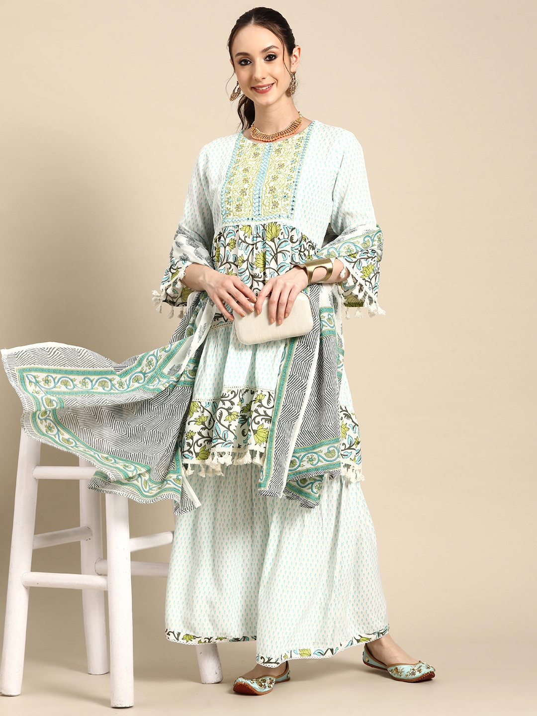 

Sangria Floral Printed Pleated Thread Work Kurti With Sharara & With Dupatta, White
