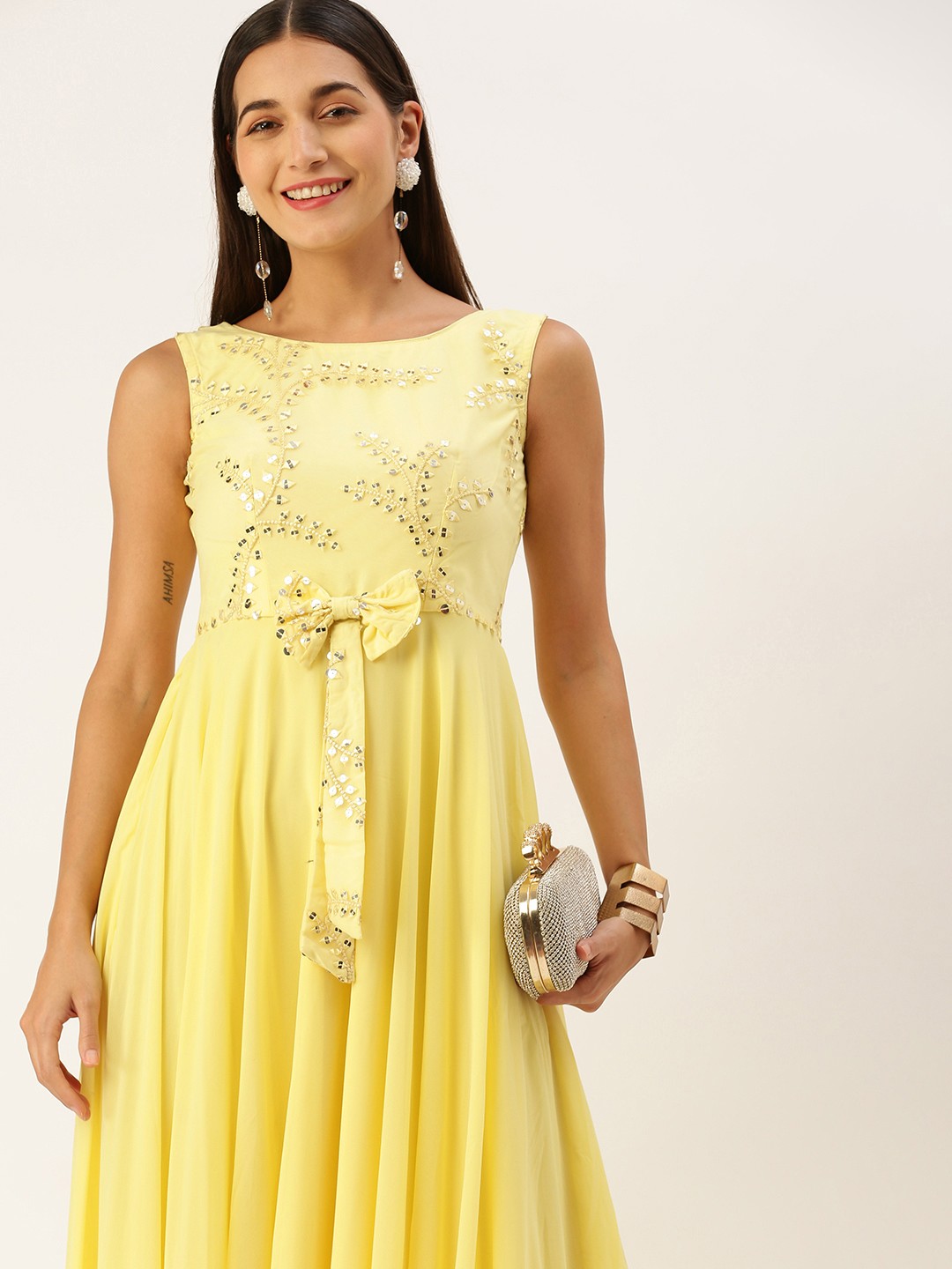 

Ethnovog Embellished Embroidered Maxi Gown Dress, Yellow