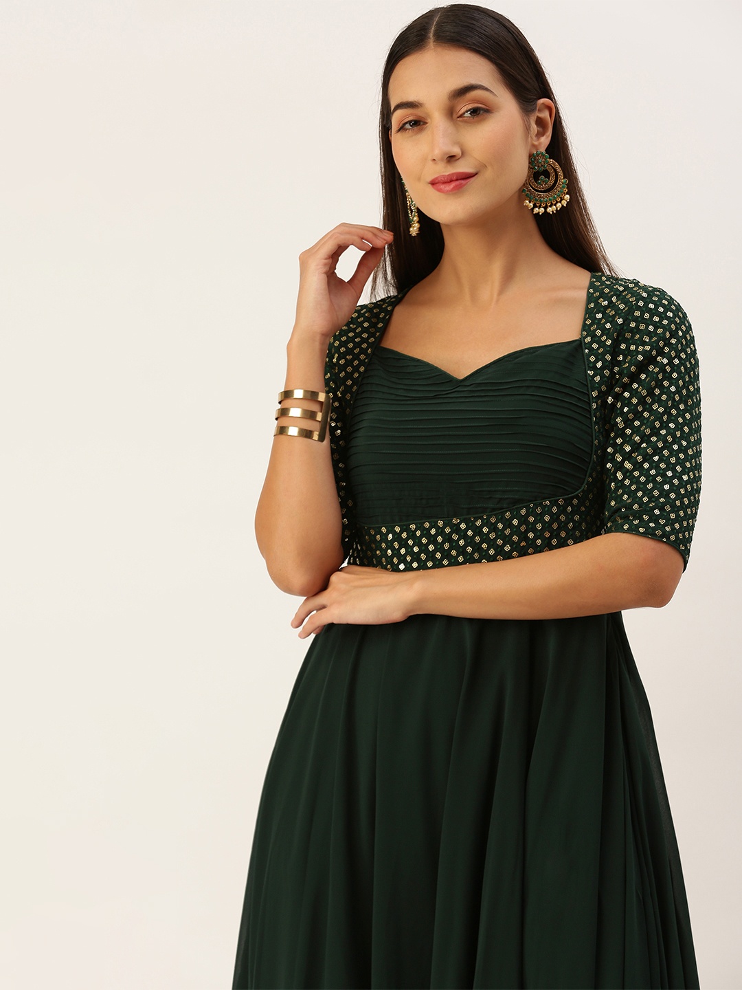 

Ethnovog Georgette Embellished Embroidered Maxi Gown Dress, Green