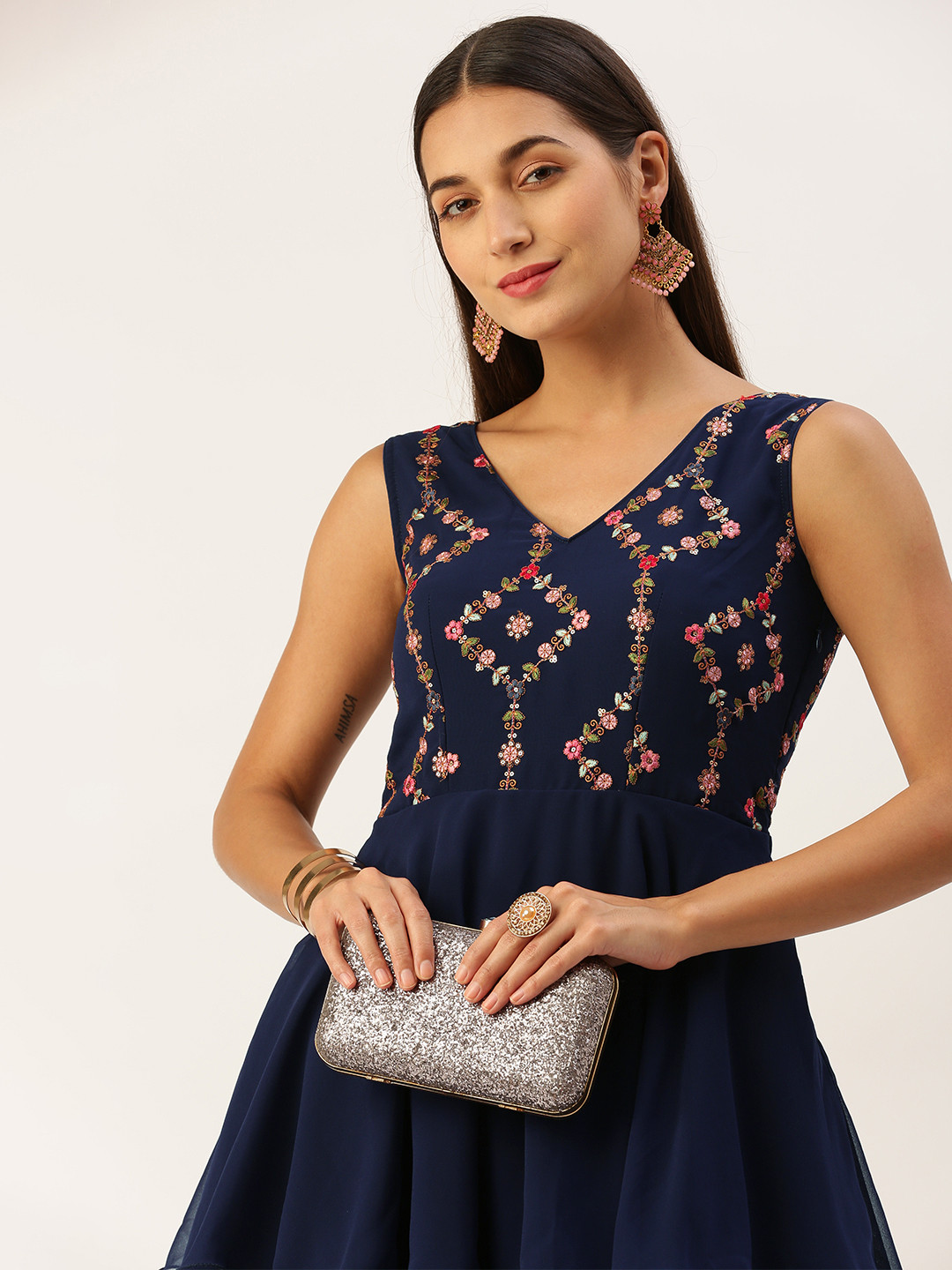 

Ethnovog Georgette Floral Embroidered Layered Maxi Gown Dress, Navy blue