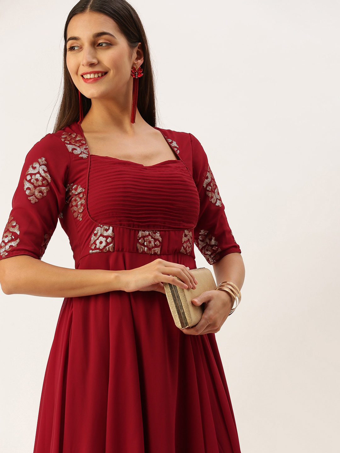 

Ethnovog Georgette Embellished Maxi Gown Dress, Maroon