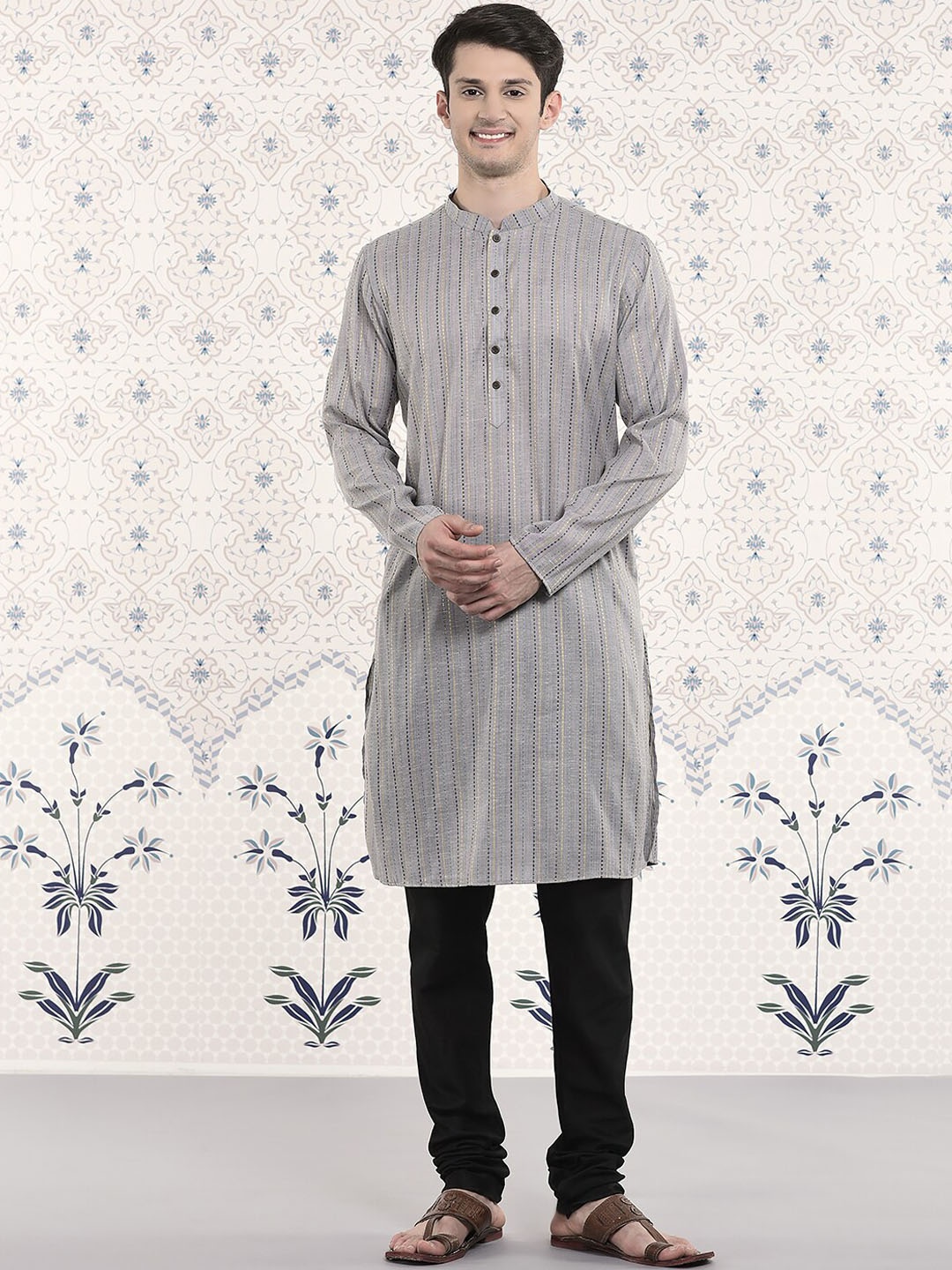 

Ode by House of Pataudi Striped Jacquard Kurta With Churidar & Nehru Jacket, Silver