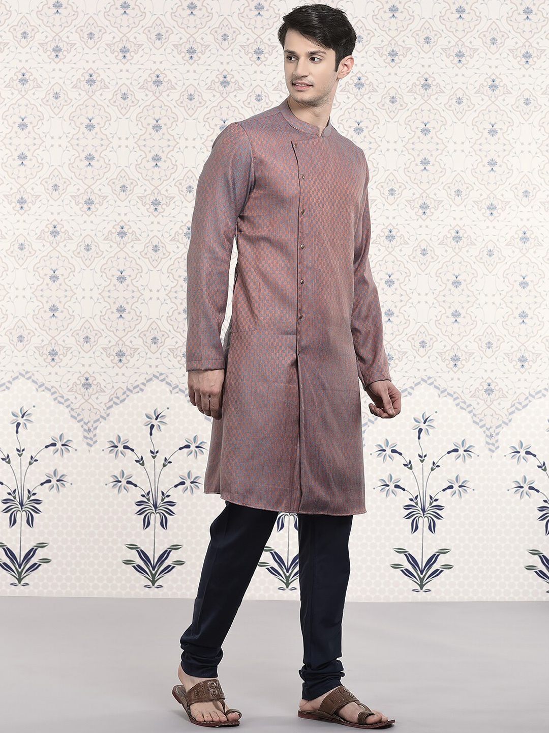 

Ode by House of Pataudi Blue & Bronze Checked Woven Design Kurta With Churidar