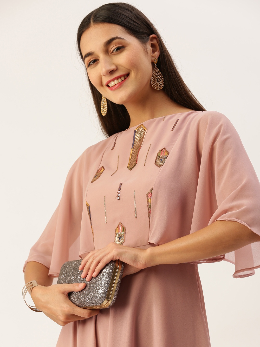

Ethnovog Georgette Embellished Embroidered Maxi Gown Dress, Pink