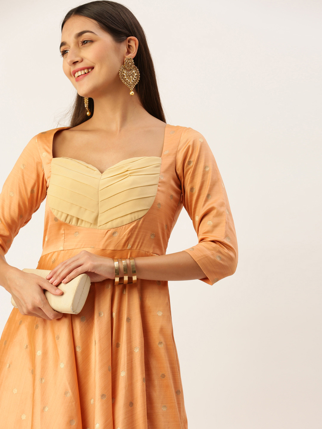

Ethnovog Pleated Woven Design Maxi Gown Dress, Peach