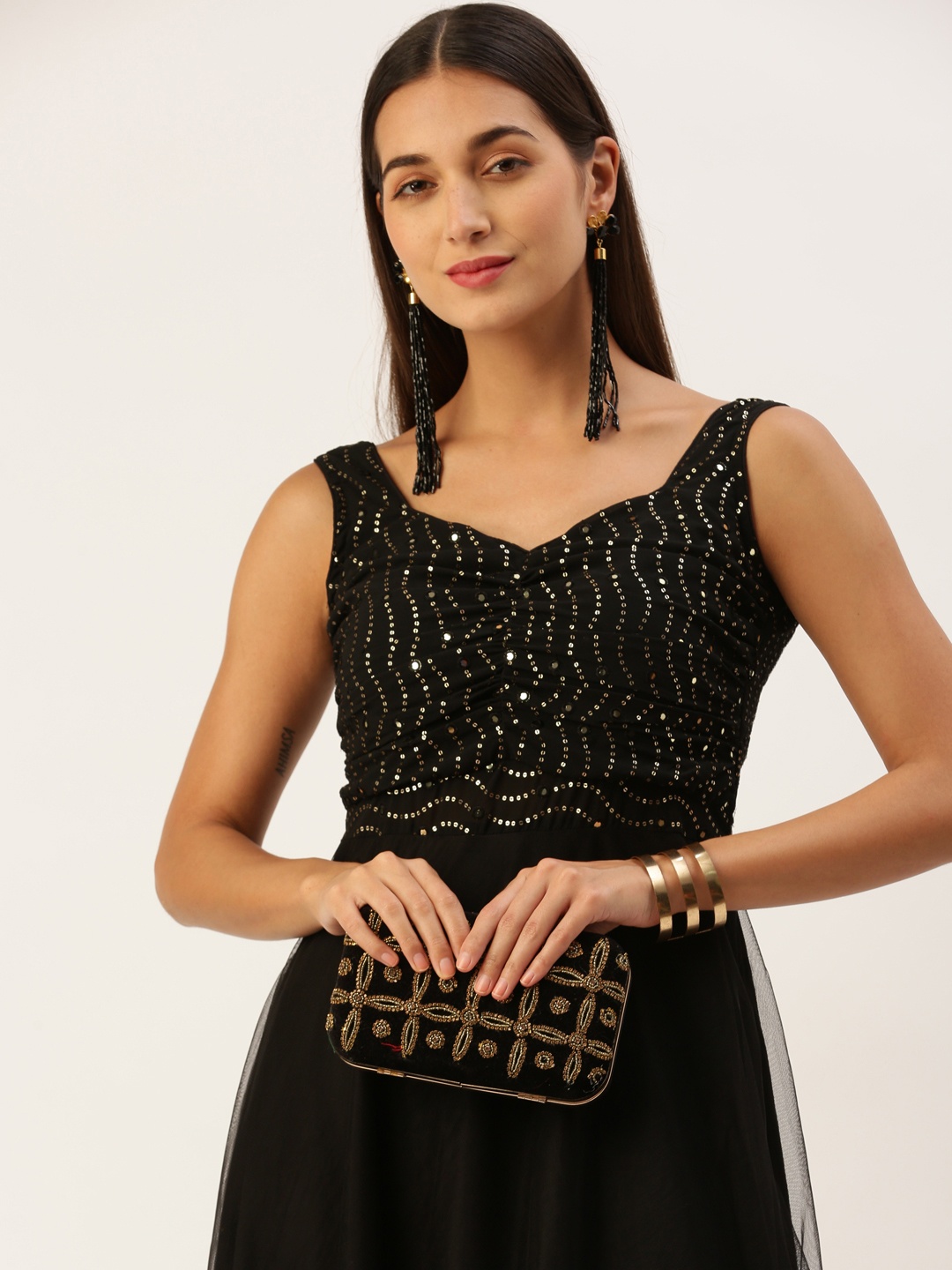 

Ethnovog Georgette Embellished Embroidered Maxi Gown Dress, Black
