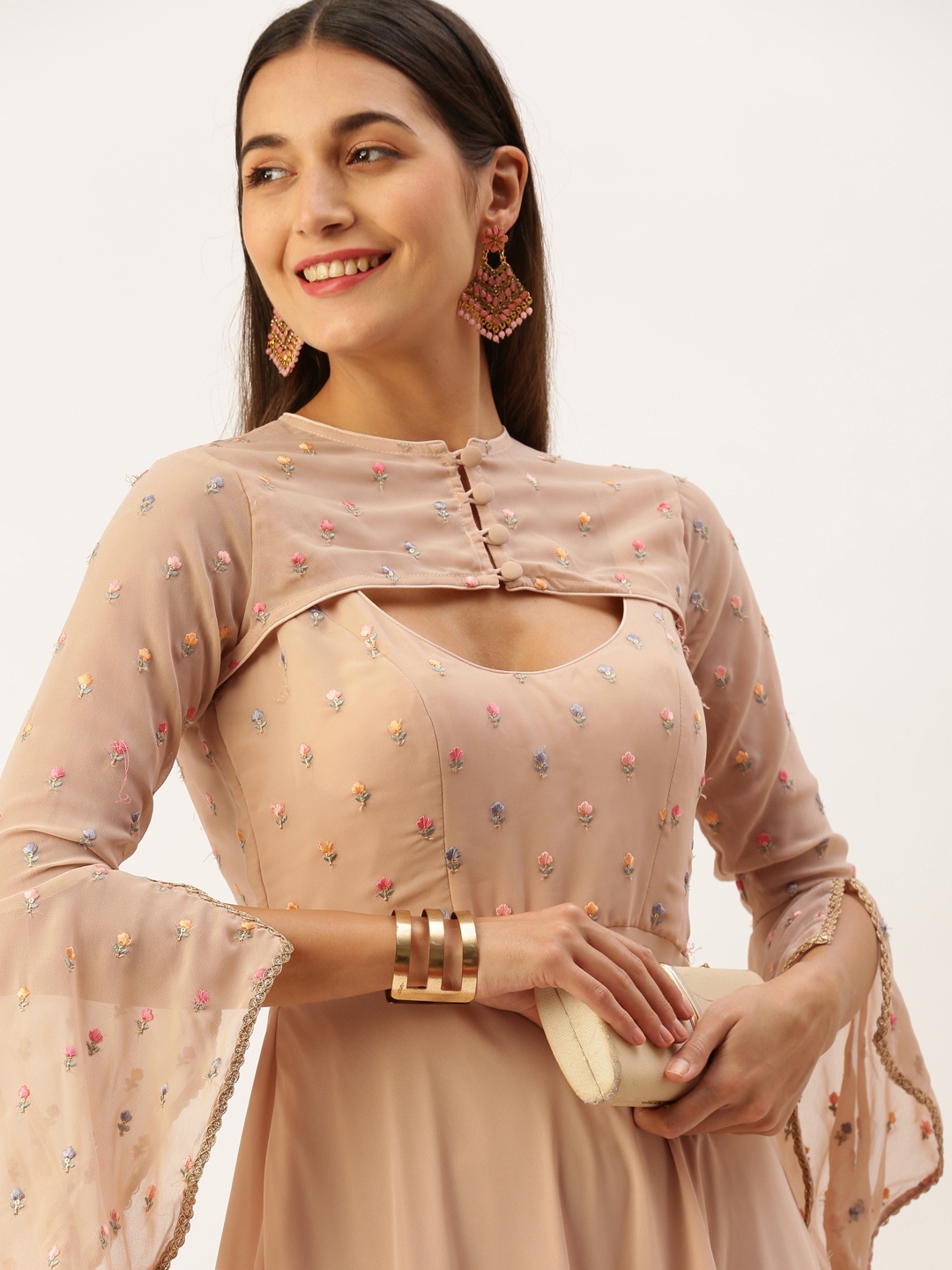 

Ethnovog Georgette Floral Embroidered Tiered Maxi Gown Dress, Beige