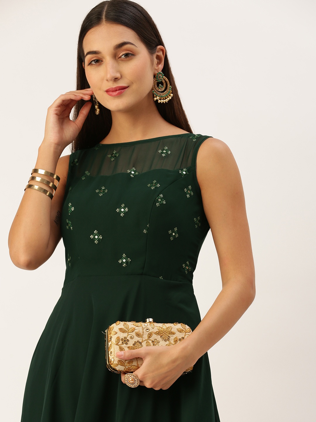 

Ethnovog Embroidered Sequined Georgette Boat Neck Gown, Green