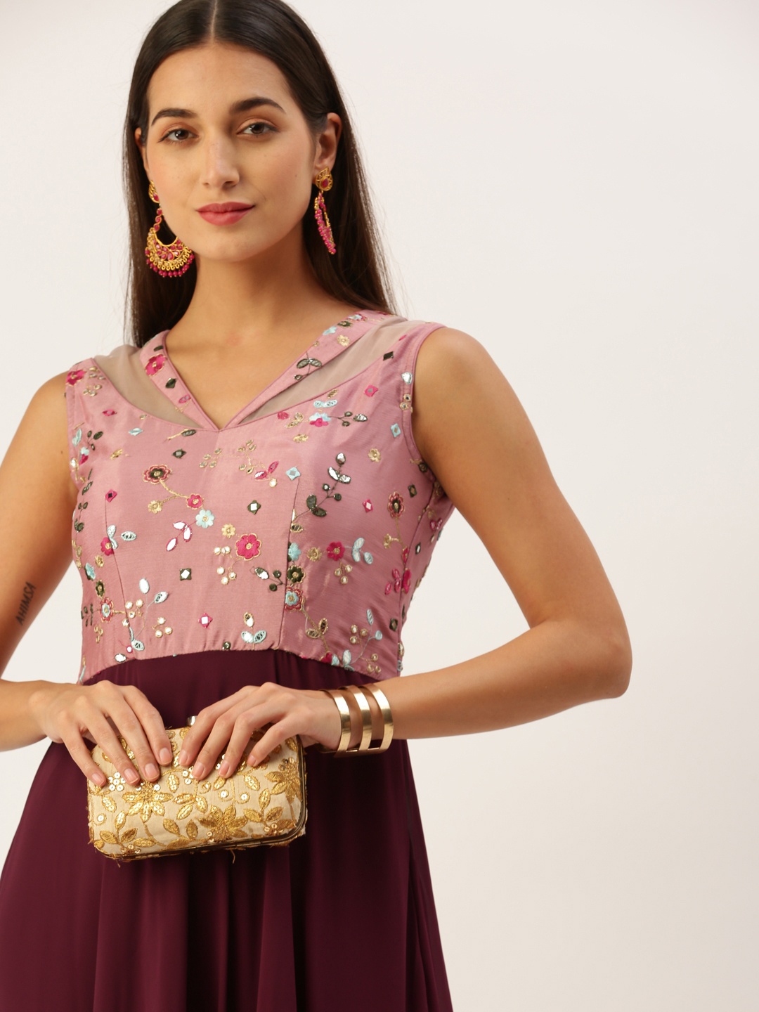 

Ethnovog Chinon Floral Embroidered Layered Maxi Gown Dress, Burgundy