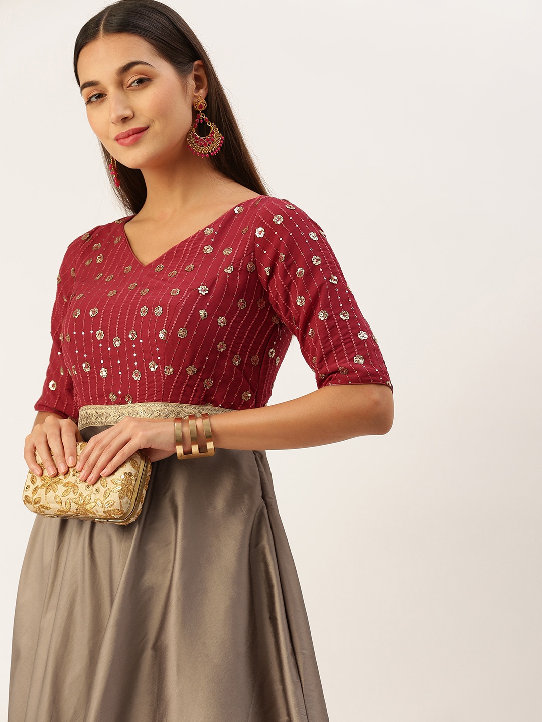 

Ethnovog Embellished Embroidered Tiered Maxi Gown Dress, Gold