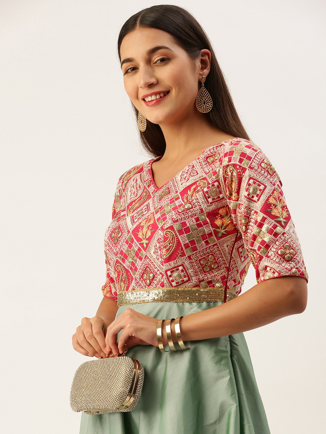 

Ethnovog Ethnic Motifs Embroidered Tiered Maxi Gown Dress, Pink