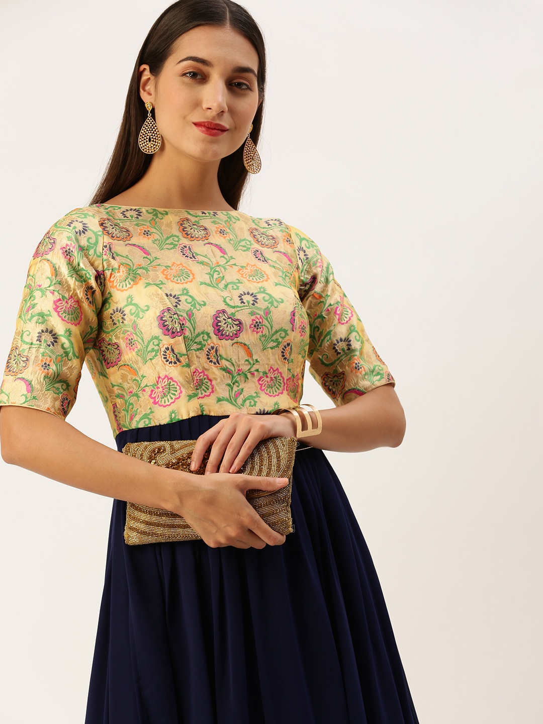 Ethnovog Georgette Floral Printed Maxi Gown Dress, Navy blue