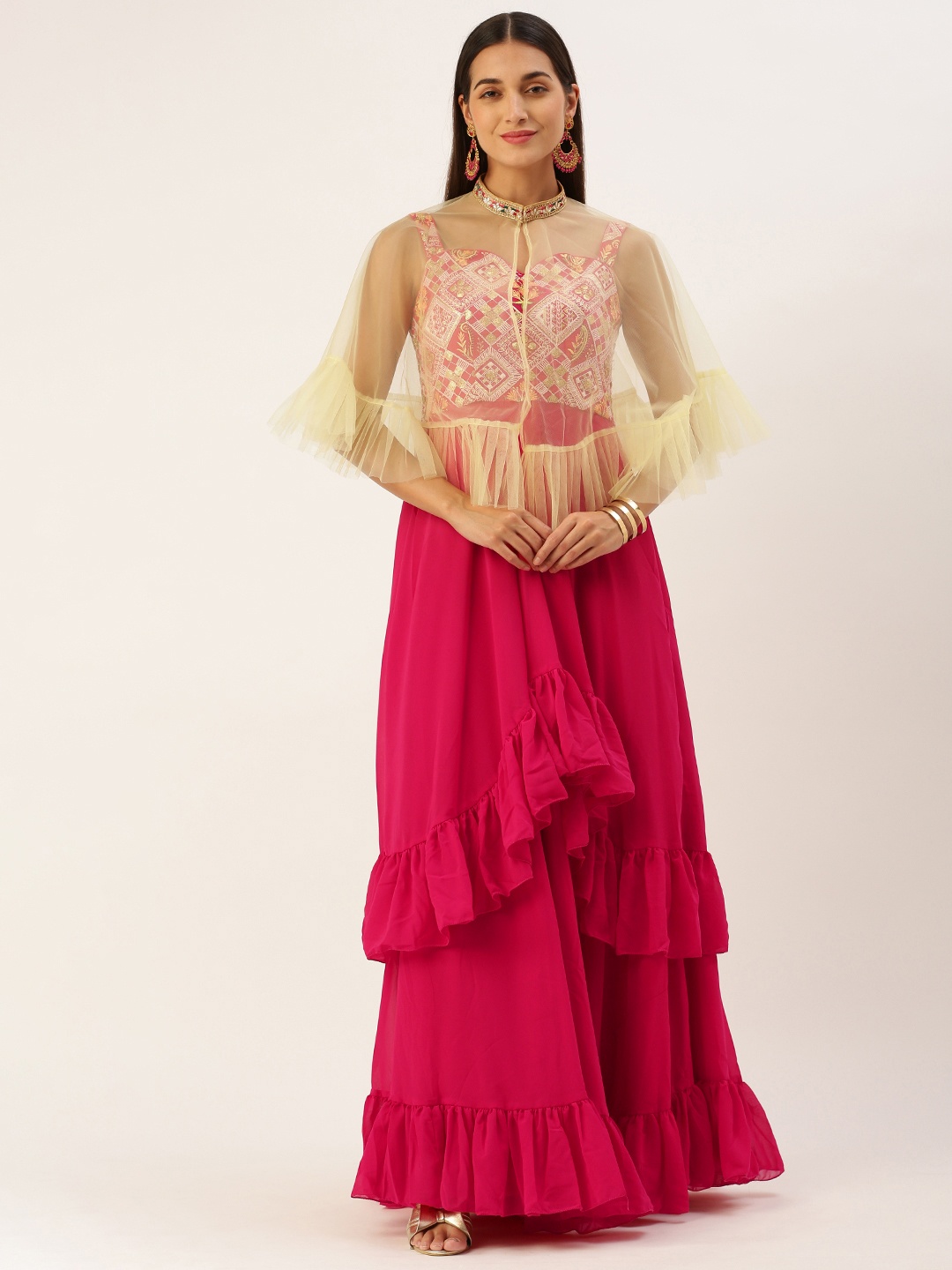 Ethnovog Ethnic Motifs Embroidered Layered Maxi Gown Dress,, Pink