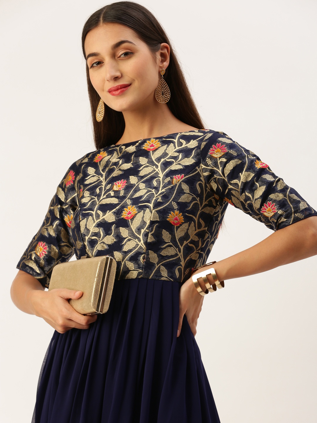 

Ethnovog Georgette Floral Printed Layered Maxi Gown Dress, Blue