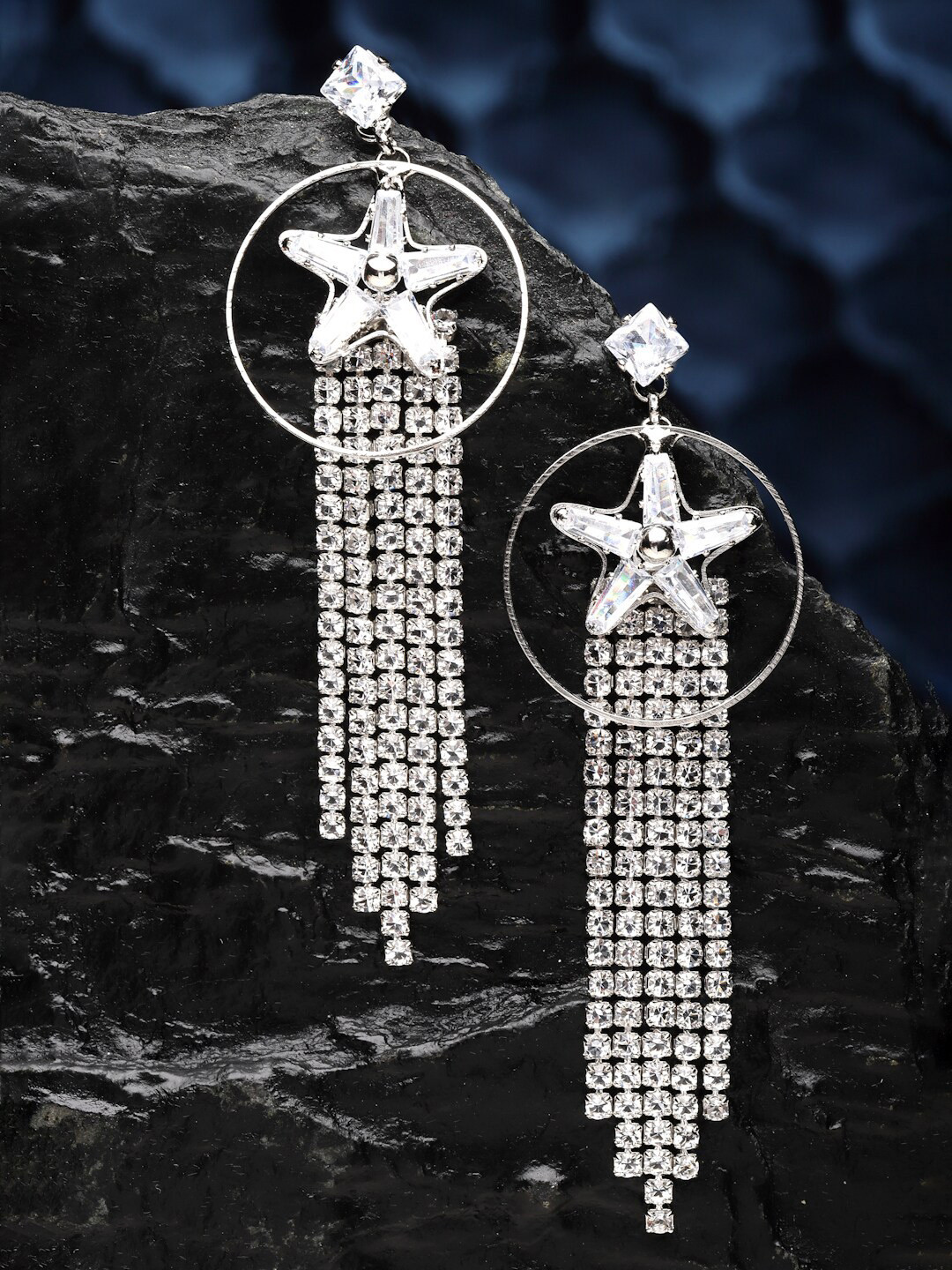 

Sanjog Silver-Plated Contemporary Drop AD Studs CZ Stone Crystal Earrings