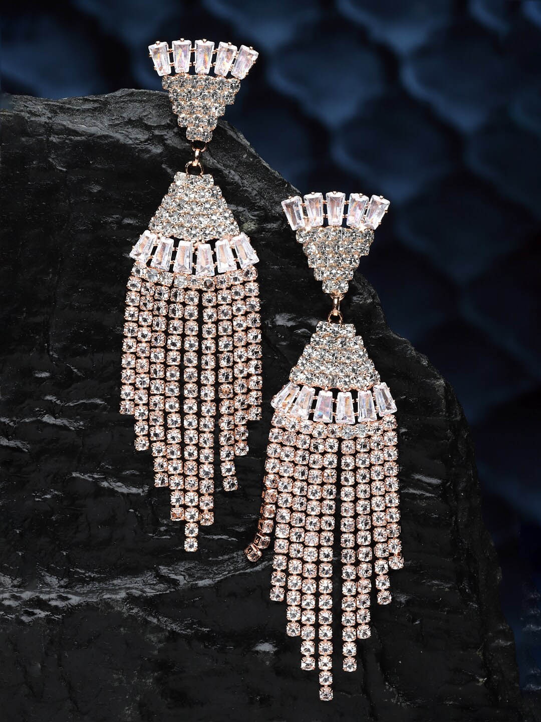 

Sanjog Rose Gold-Plated Contemporary Drop AD Studs CZ Stone Crystal Earrings
