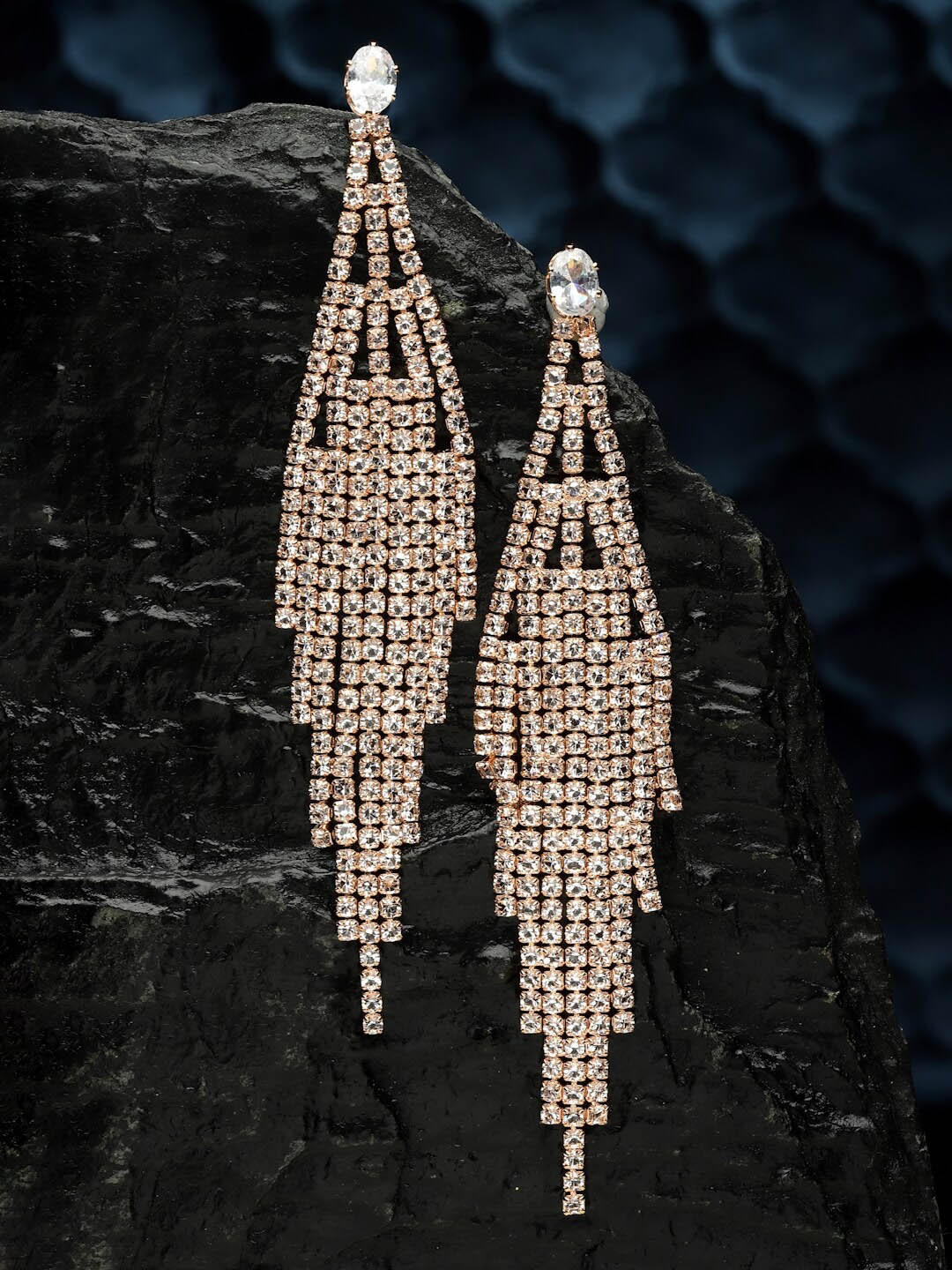 

Sanjog Rose Gold-Plated Contemporary Drop AD Studs CZ Stone Crystal Earrings