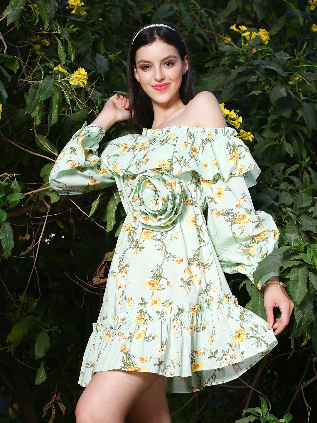 

Sera Floral Printed Off-Shoulder Puff Sleeves Fit & Flare Dress, Green