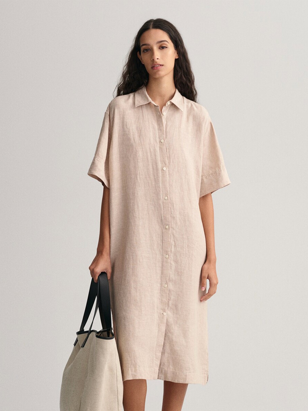 

GANT Waist Tie-Up Linen Shirt Midi Dress, Beige