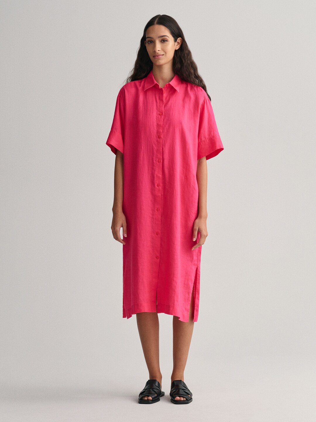 

GANT Waist Tie-Up Linen Shirt Midi Dress, Pink