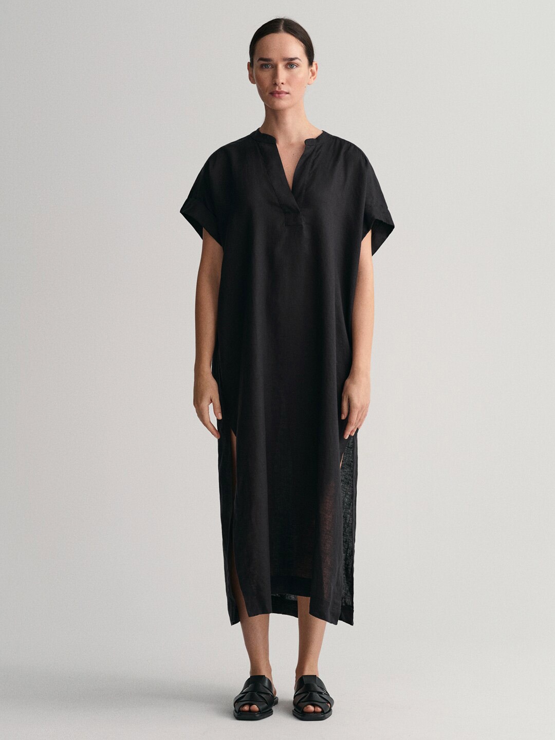 

GANT V-Neck Extended Sleeve Linen A-Line Midi Dress, Black