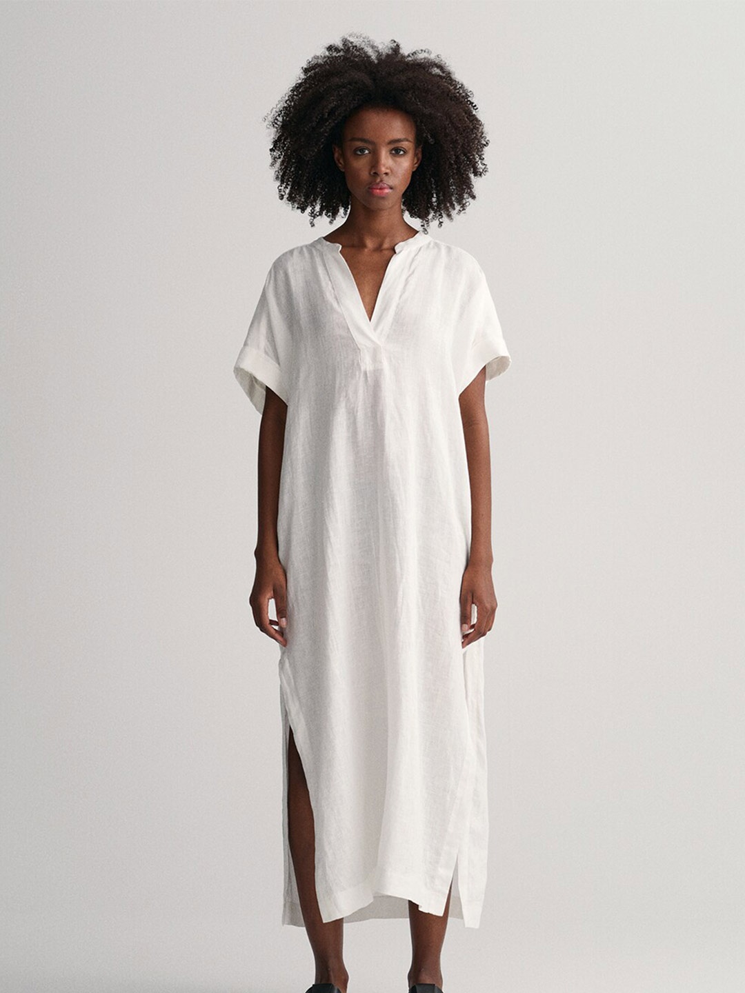 

GANT V-Neck Extended Sleeve Linen A-Line Midi Dress, White