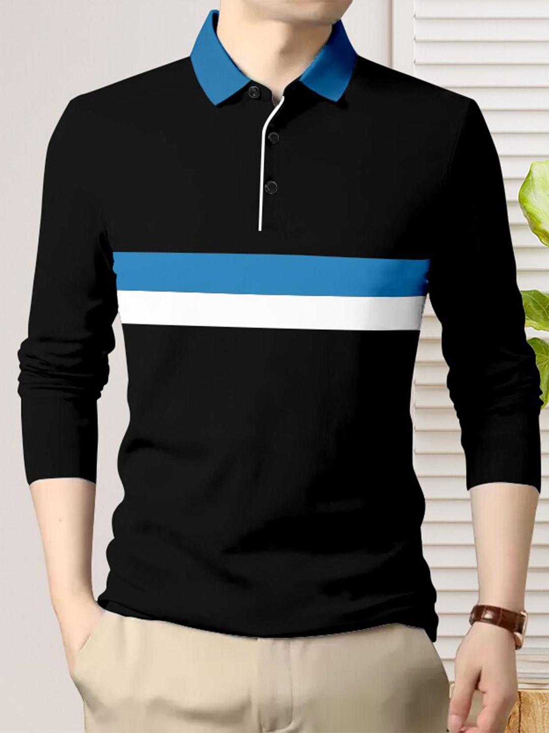 

AUSK Striped Polo Collar Cotton T-shirt, Black