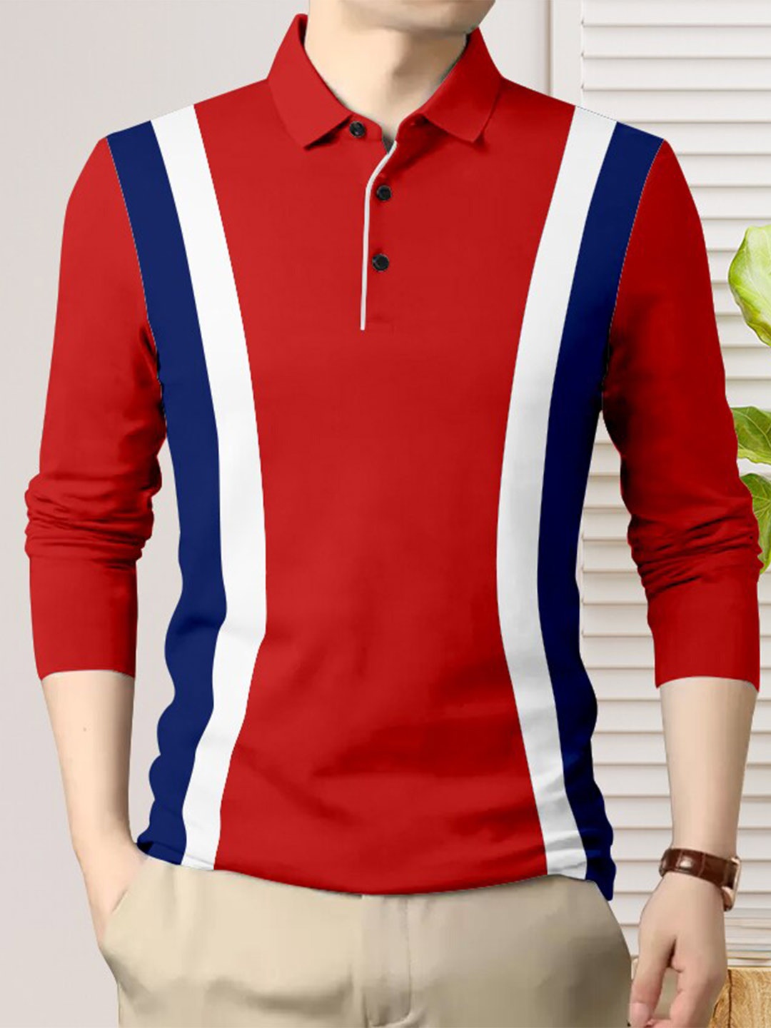 

AUSK Striped Polo Collar Cotton T-shirt, Red