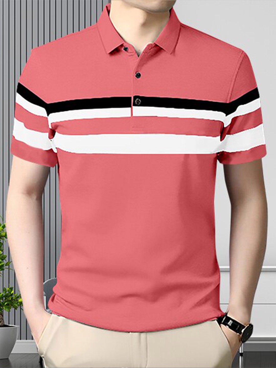 

AUSK Striped Polo Collar Cotton T-shirt, Peach