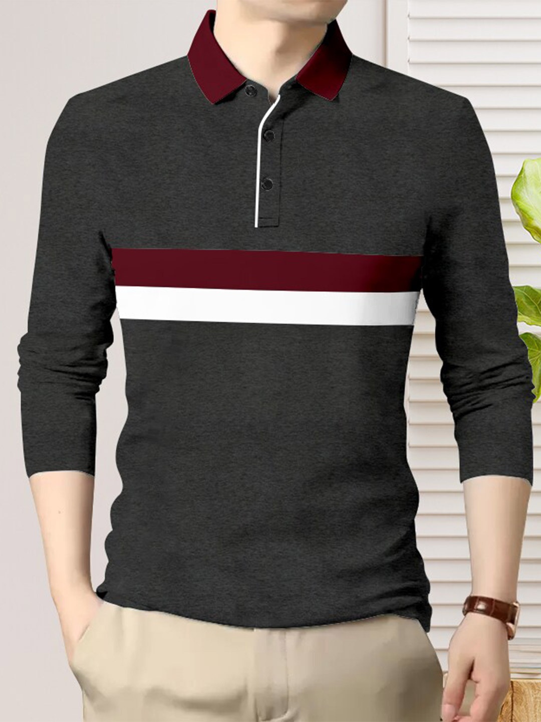 

AUSK Striped Polo Collar Cotton T-shirt, Charcoal