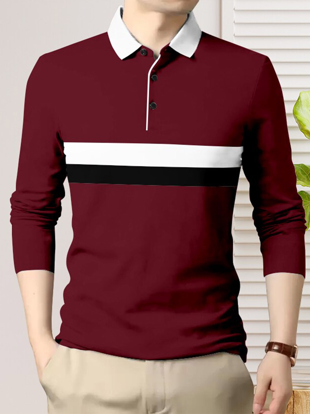 

AUSK Striped Polo Collar Cotton T-shirt, Maroon