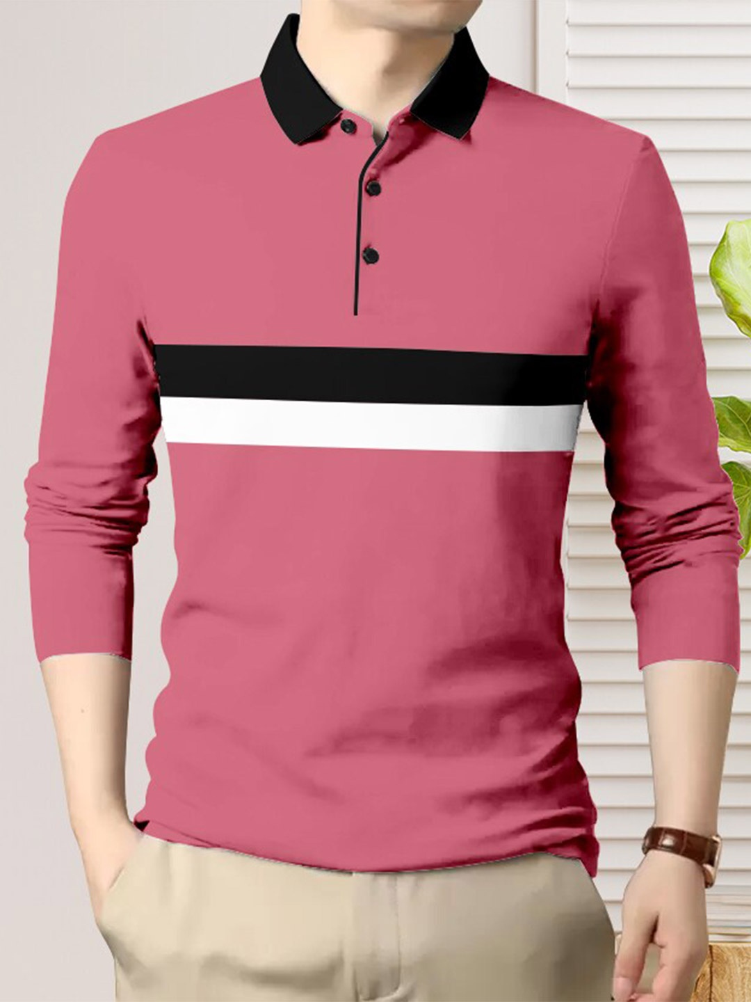 

AUSK Striped Polo Collar Cotton T-shirt, Pink