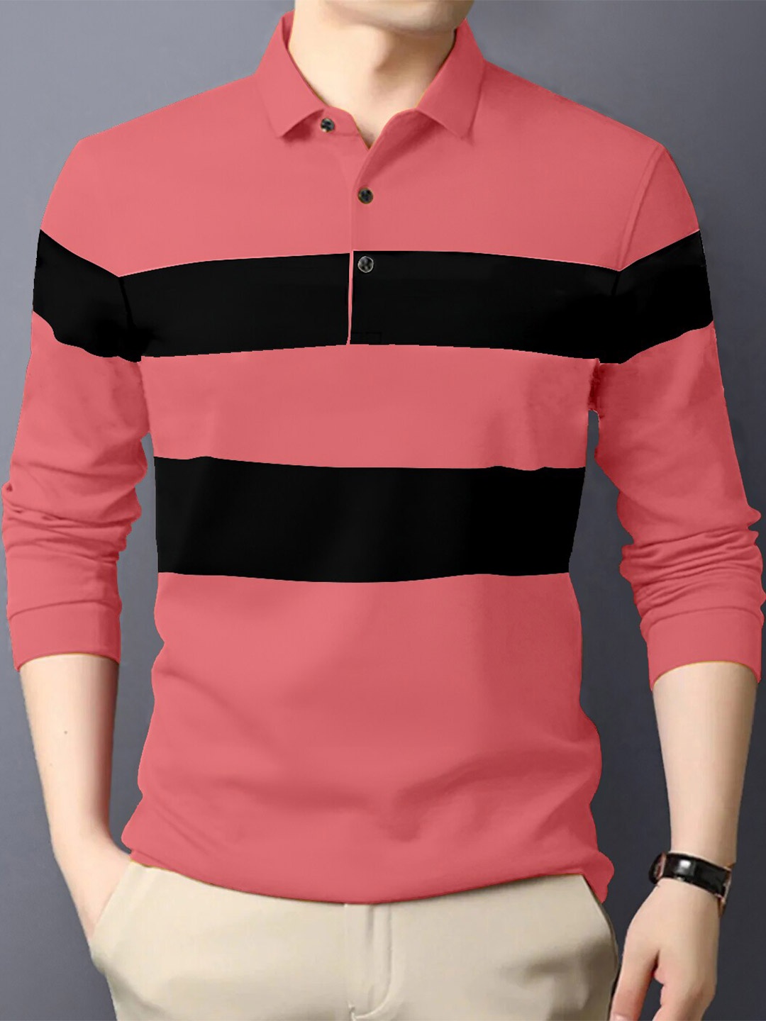 

AUSK Colourblocked Polo Collar Cotton T-shirt, Peach