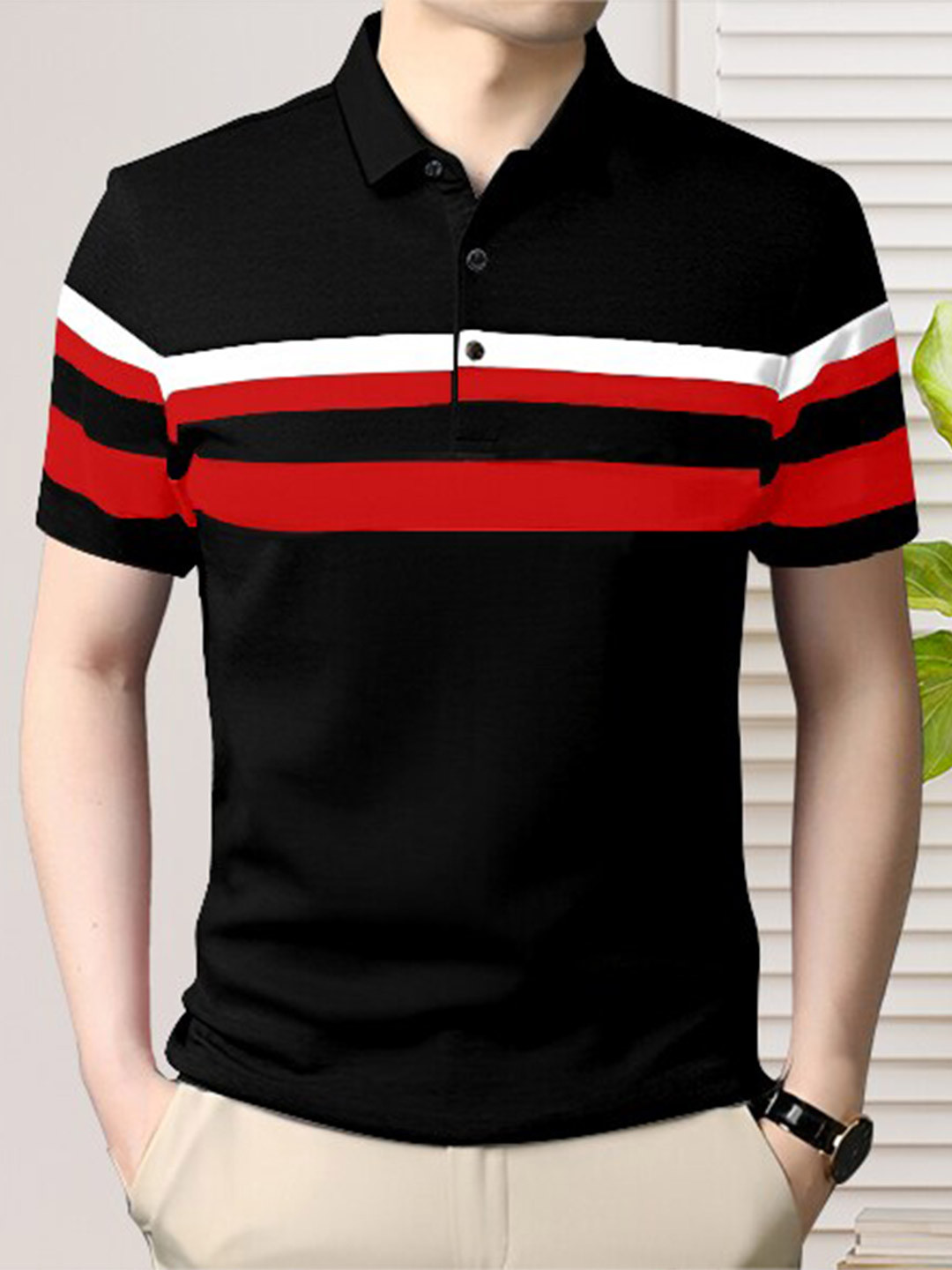

AUSK Striped Polo Collar Cotton T-shirt, Black