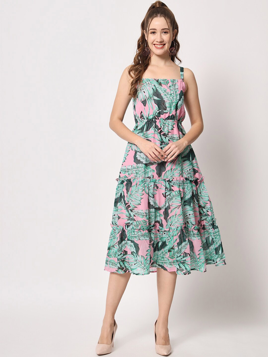 

D 'VESH Tropical Print Georgette Fit & Flare Midi Dress, Multi