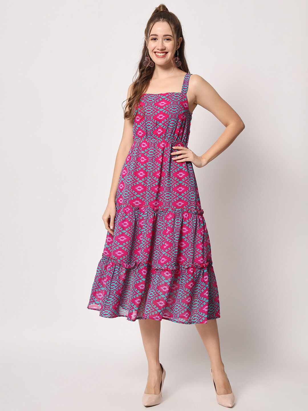 

D 'VESH Printed Georgette A-Line Midi Dress, Pink