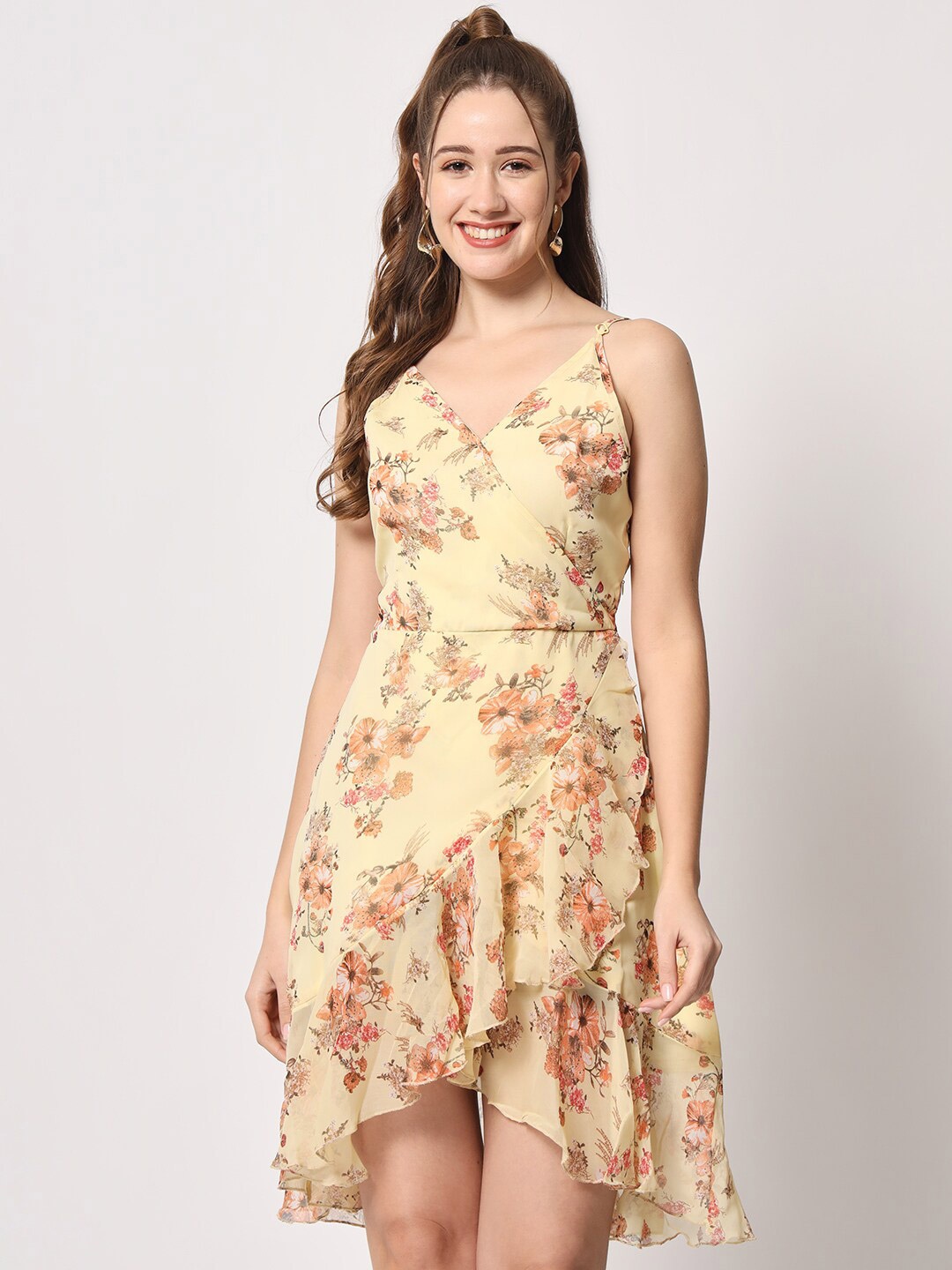 D 'VESH Floral Print Georgette Dress, Yellow