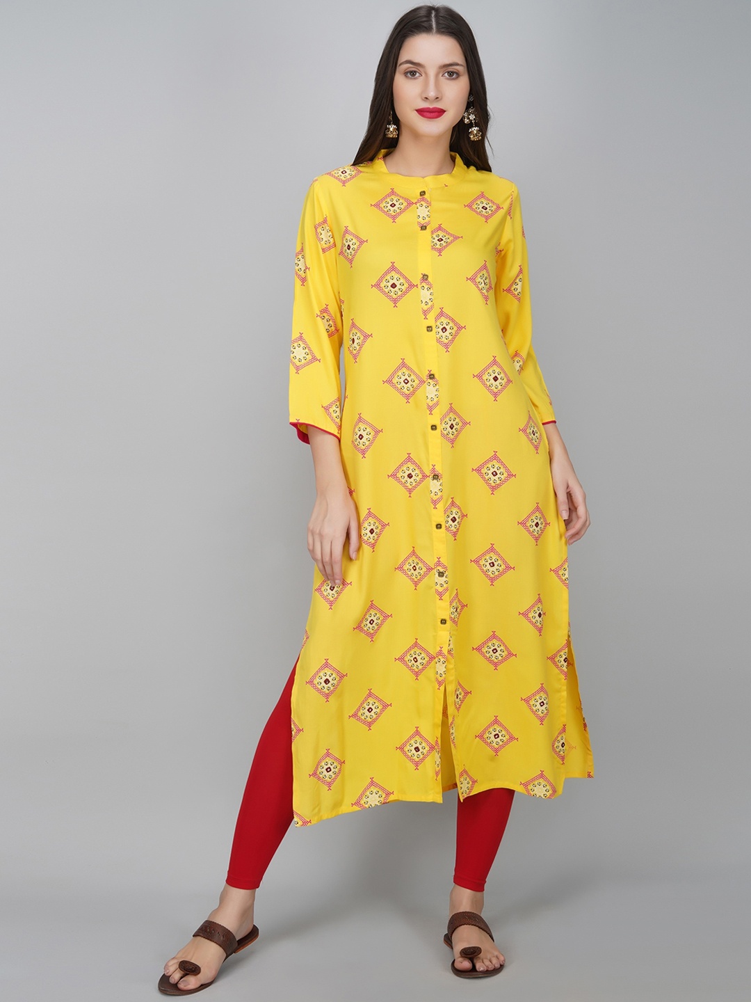 

METRO-FASHION Geometric Printed Mandarin Collar Straight Kurta, Yellow