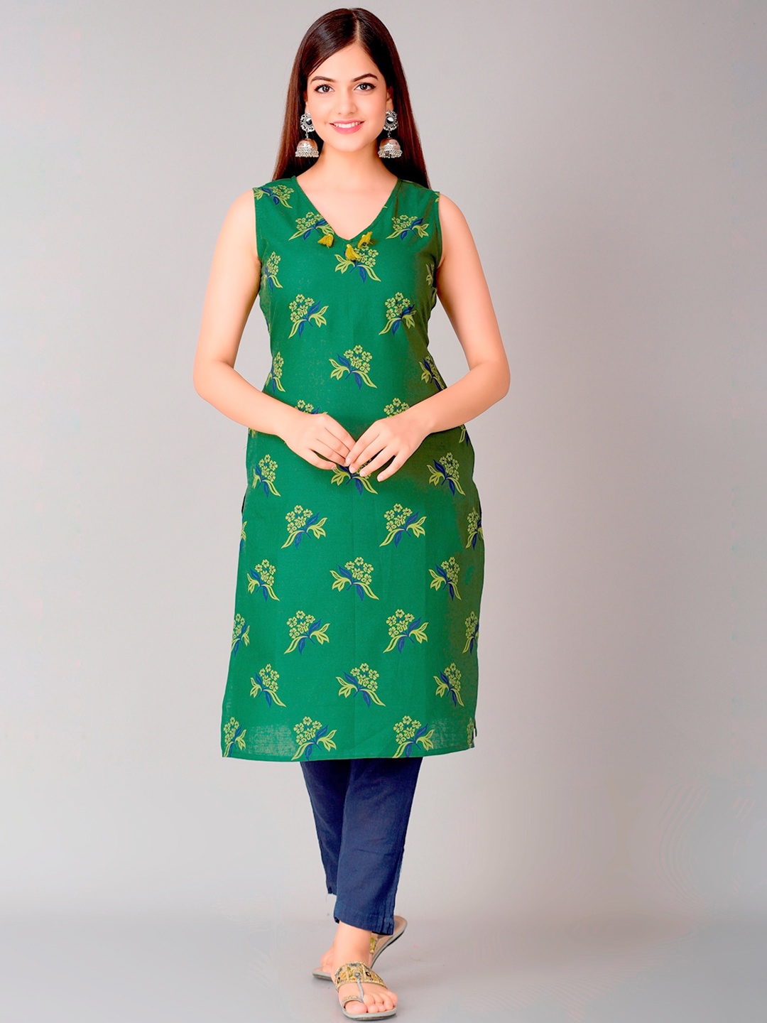 

METRO-FASHION Floral Printed V-Neck Sleeveless Kurta, Sea green