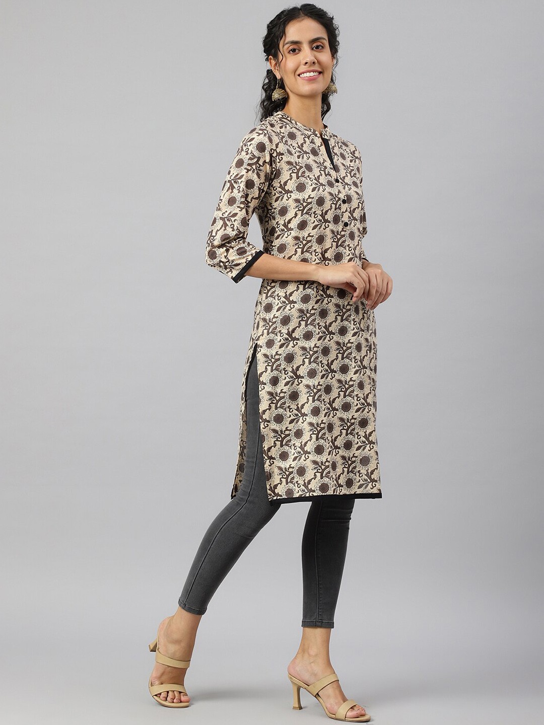 

METRO-FASHION Floral Printed Mandarin Collar Cotton Regular Kurta, Beige